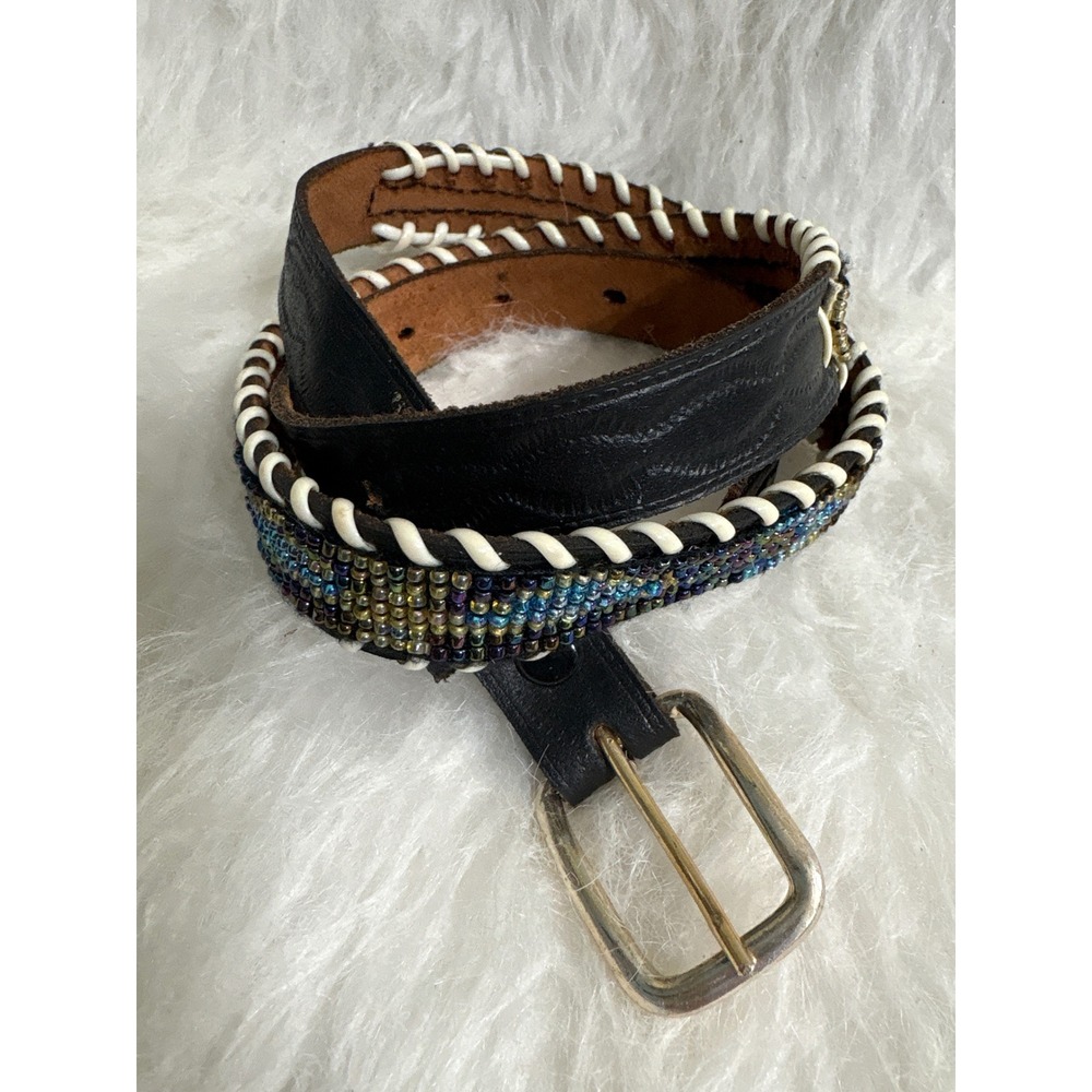 Vintage Belt Womens 25-30 Western Black Iridescent Beaded Whipstitch Good Boho